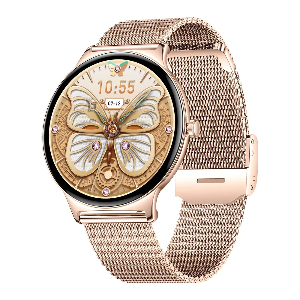 Rose gold smartwatch with butterfly design on the screen against a white background