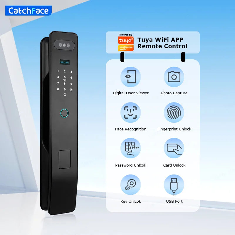 Tuya Face Recognition Smart Door Lock – WiFi Camera, Fingerprint & Indoor Screen