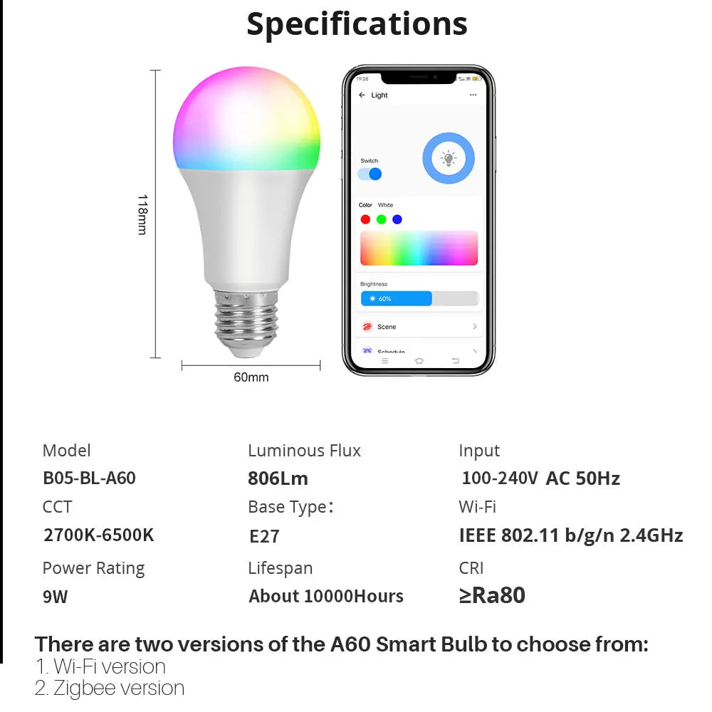 إضاءة ذكية واي فاي، LED، لمبة E27، الوان متعددة