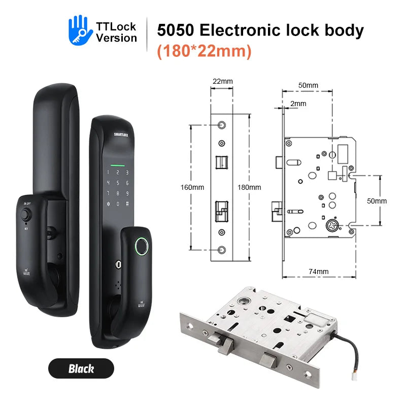 5050 Electronic lock body with dimensions and TTLock branding on a white background