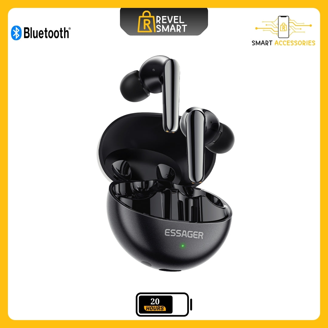 Wireless Earbuds, From Essager, Version ES-06, Supports Bluetooth 5.3, Playtime up to 20 Hours, Supports Dual Noise Cancellation, Color Black