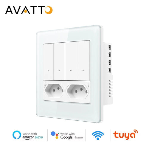 AVATTO Tuya WiFi 4x4 Switch & Socket Brazil – 4 Button Wall Panel, 16A Smart Control - Revel Smart