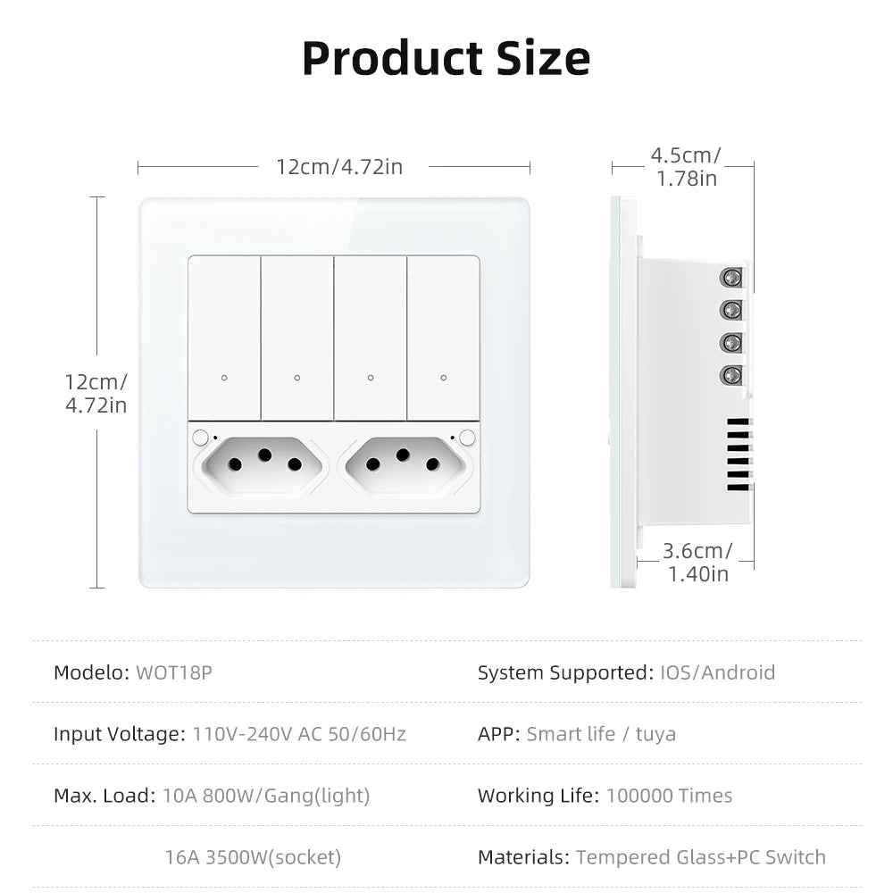 AVATTO Tuya WiFi 4x4 Switch & Socket Brazil – 4 Button Wall Panel, 16A Smart Control - Revel Smart
