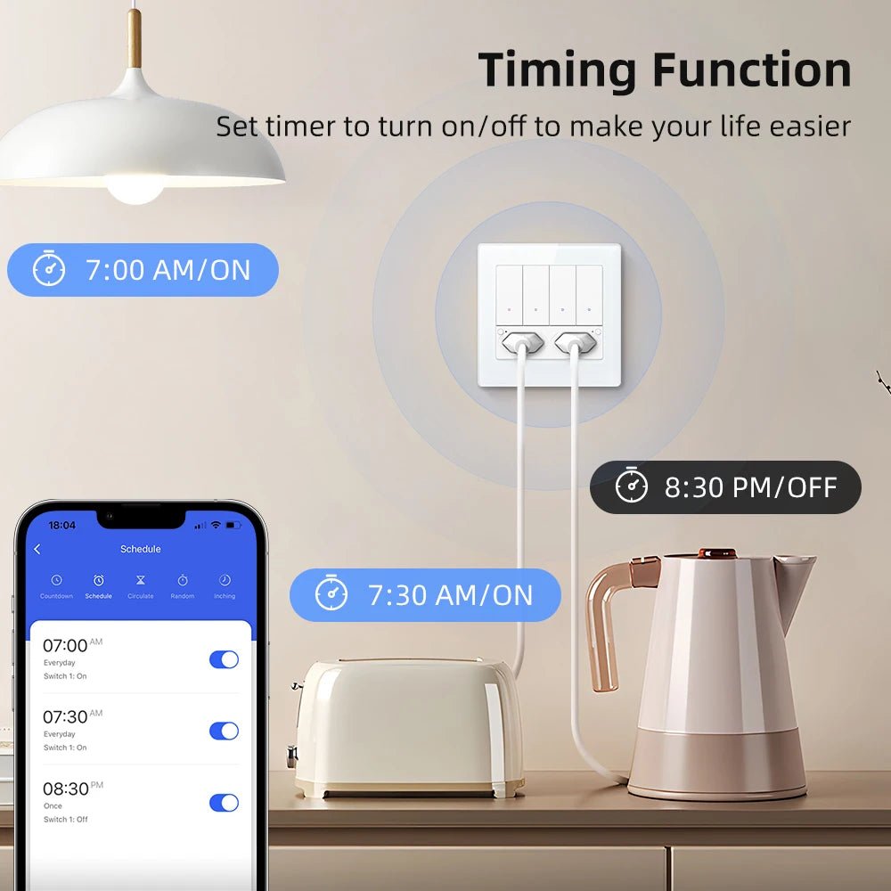 AVATTO Tuya WiFi 4x4 Switch & Socket Brazil – 4 Button Wall Panel, 16A Smart Control - Revel Smart