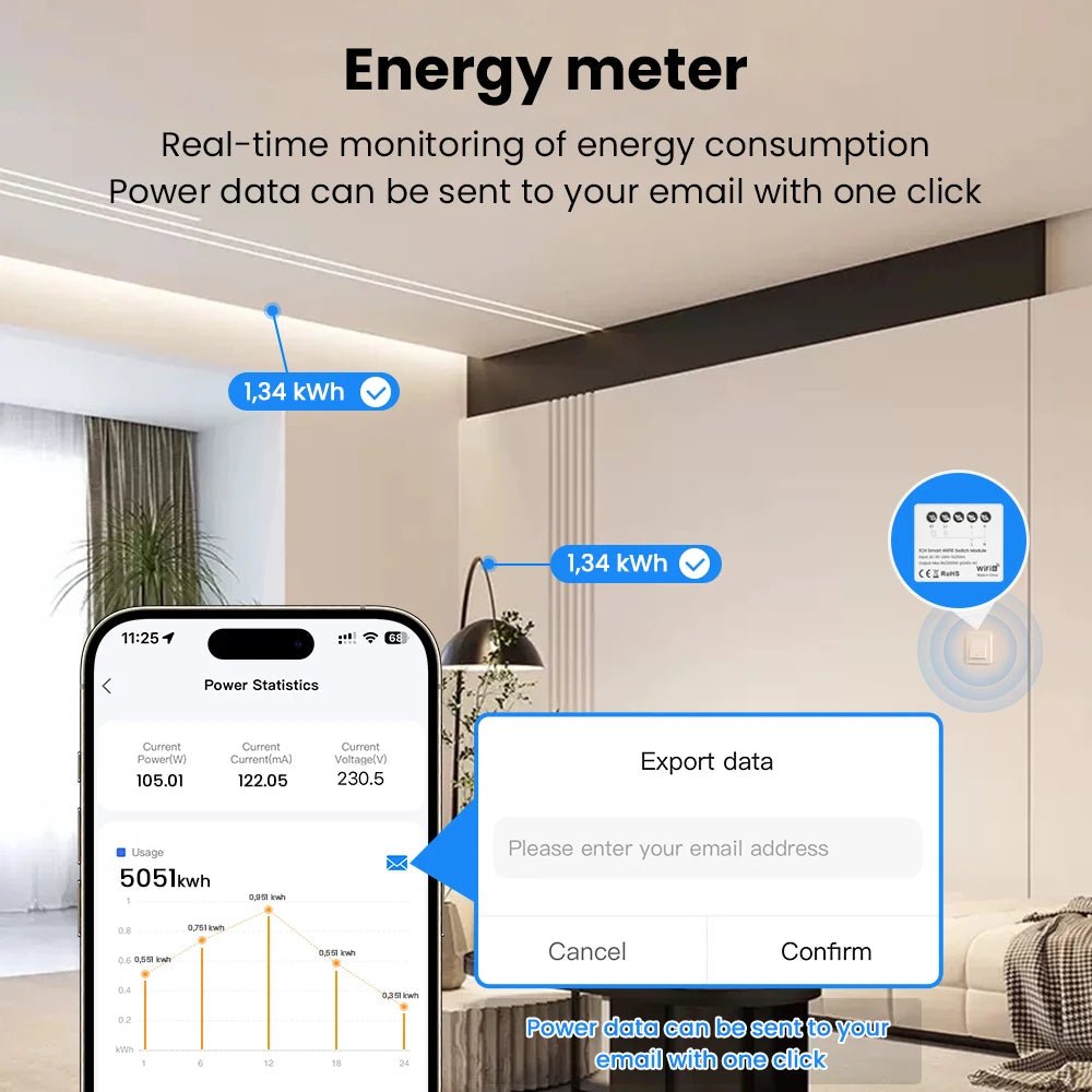 AVATTO Tuya WiFi 6 Mini Smart Switch Module – App Remote Control + Energy Meter - Revel Smart