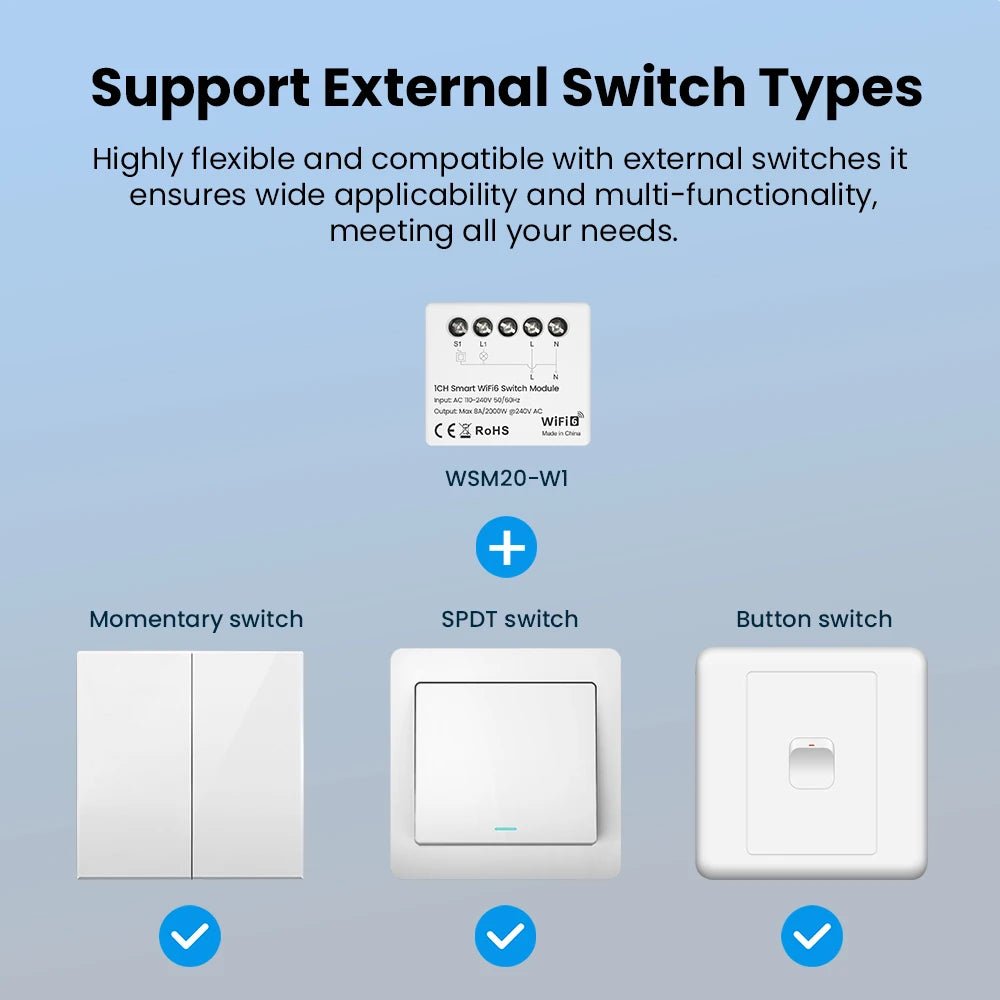 AVATTO Tuya WiFi 6 Mini Smart Switch Module – App Remote Control + Energy Meter - Revel Smart