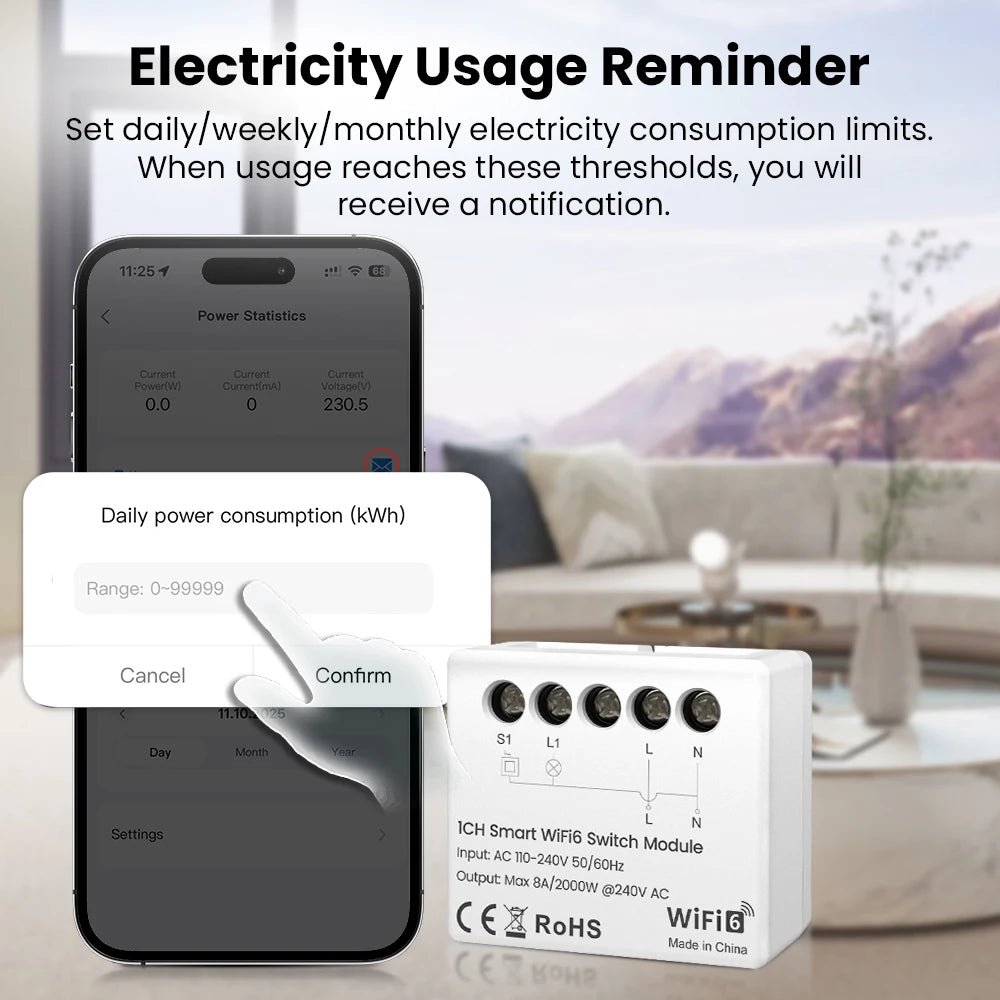 AVATTO Tuya WiFi 6 Mini Smart Switch Module – App Remote Control + Energy Meter - Revel Smart