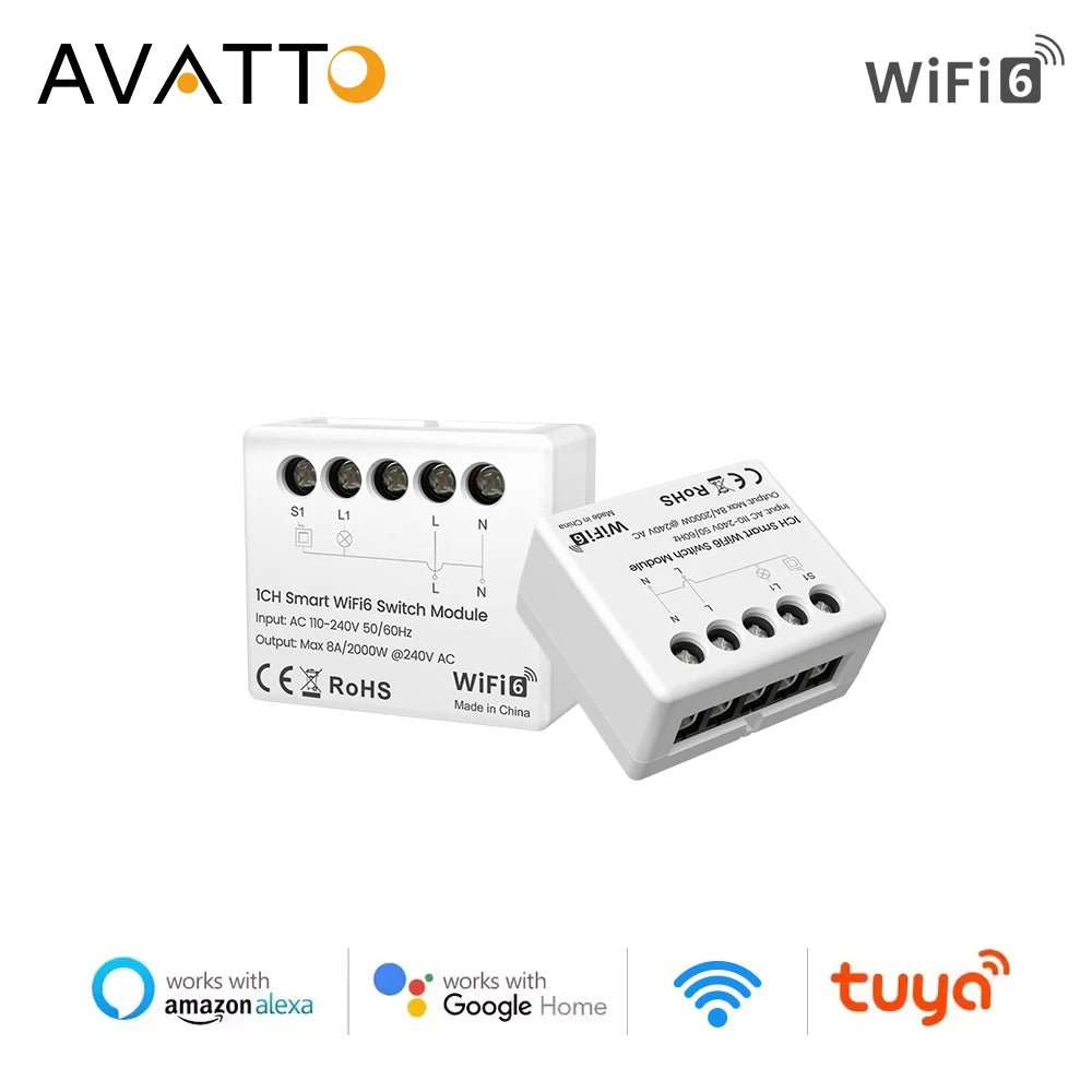 AVATTO Tuya WiFi 6 Mini Smart Switch Module – App Remote Control + Energy Meter - Revel Smart