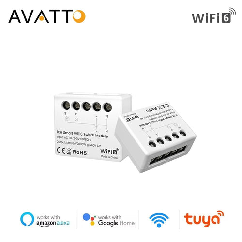 AVATTO Tuya WiFi 6 Mini Smart Switch Module – App Remote Control + Energy Meter - Revel Smart