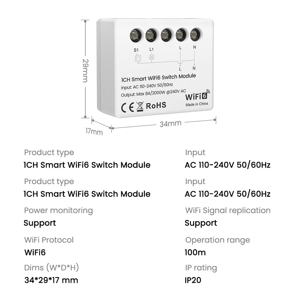 AVATTO Tuya WiFi 6 Mini Smart Switch Module – App Remote Control + Energy Meter - Revel Smart