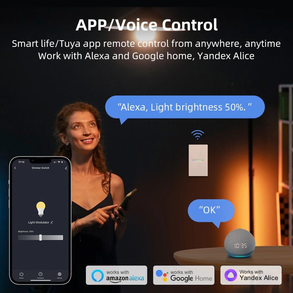 AVATTO Tuya WiFi Smart Dimmer Switch – Touch Glass Panel, Alexa/Google, 2 Gang - Revel Smart