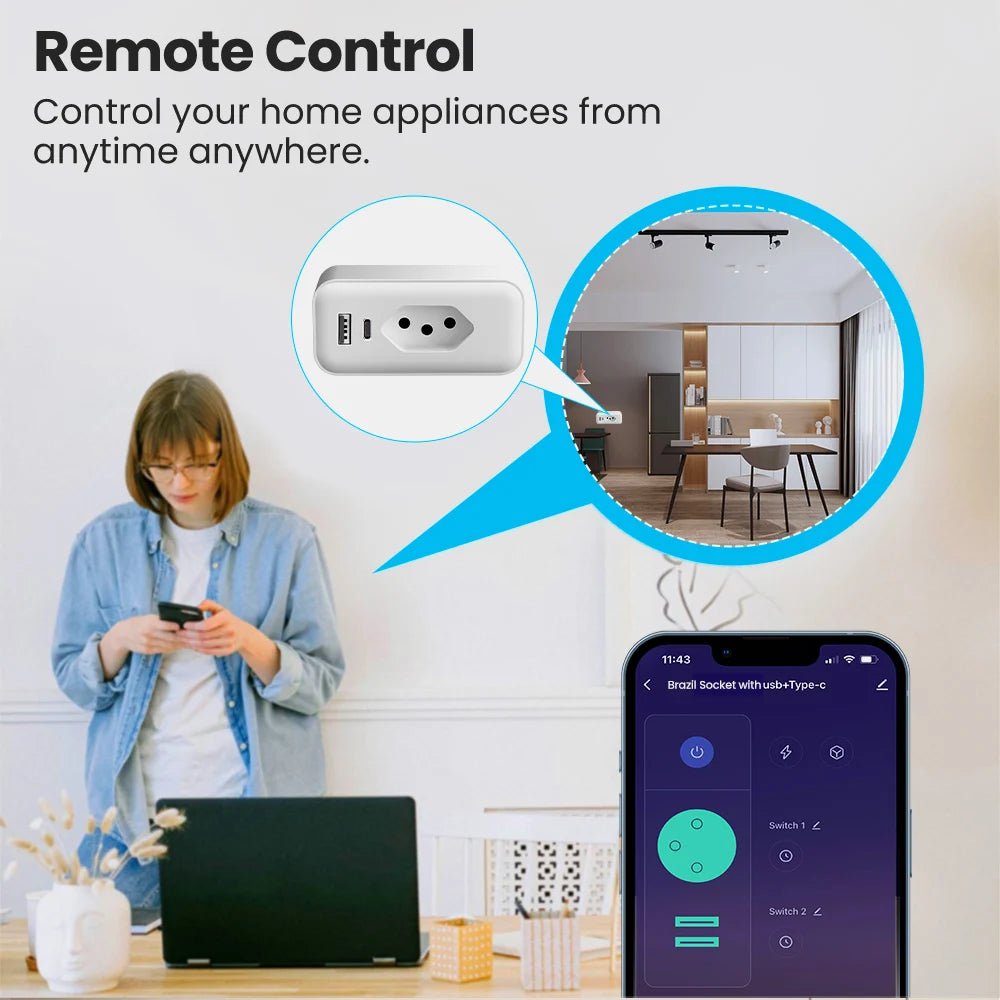 AVATTO Tuya WiFi Smart Plug Brazil – 20A Power Monitor + USB - C Fast Charging - Revel Smart