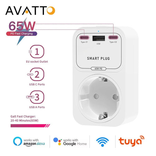AVATTO Tuya WiFi Smart Socket – 65W GaN USB - C/USB - A PD Fast Charger (EU) - Revel Smart