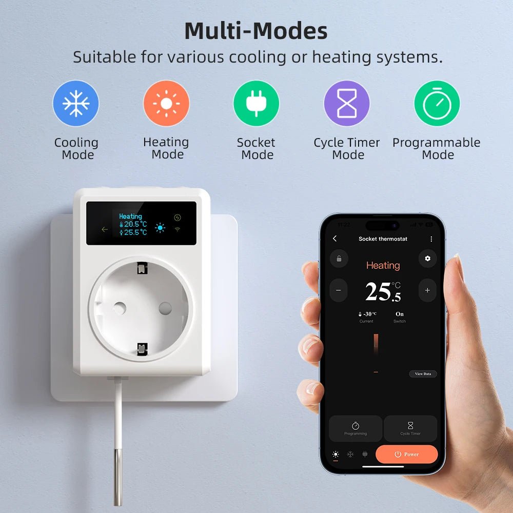 AVATTO Tuya WiFi Thermostat Socket 16A – Heating/Cooling Controller with NTC Sensor - Revel Smart