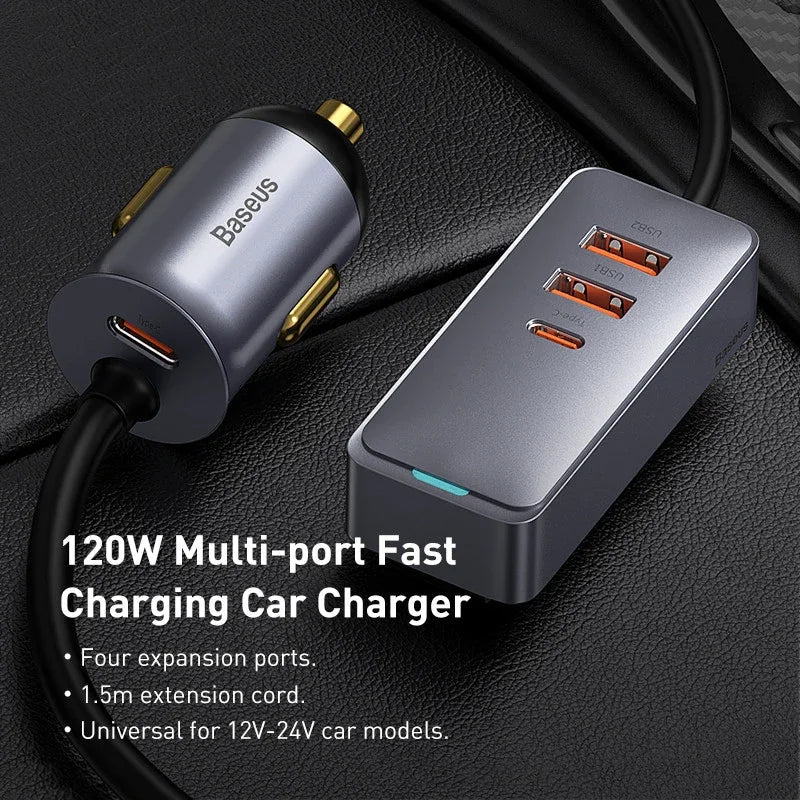 Baseus 120W 4 - Port Car Charger with 1.5m Extension Cord – Dual USB + Dual USB - C Fast Charging Adapter for 12V/24V Vehicles - Revel Smart