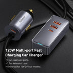 Baseus 120W 4 - Port Car Charger with 1.5m Extension Cord – Dual USB + Dual USB - C Fast Charging Adapter for 12V/24V Vehicles - Revel Smart