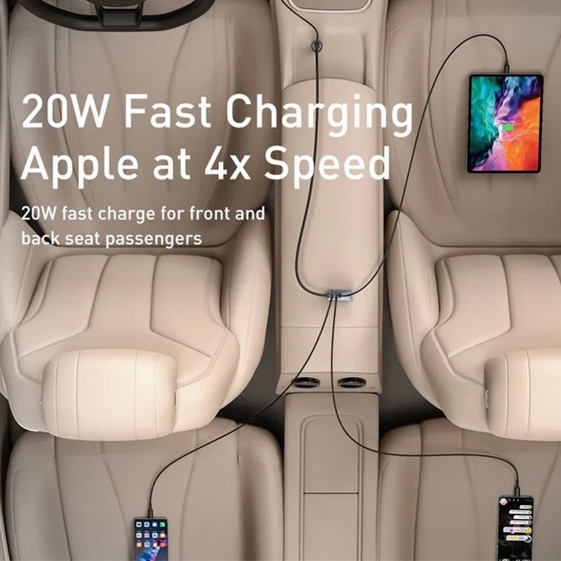 Baseus 120W 4 - Port Car Charger with 1.5m Extension Cord – Dual USB + Dual USB - C Fast Charging Adapter for 12V/24V Vehicles - Revel Smart