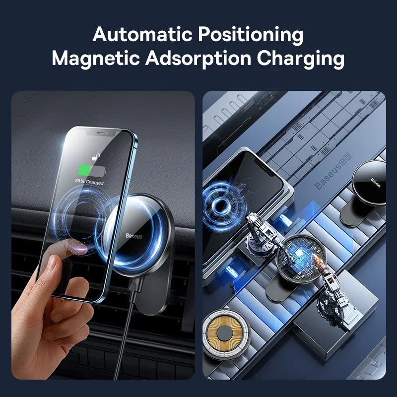 Baseus 15W Magnetic Wireless Car Charger & Phone Holder – Compatible with iPhone 16/15/14/13/12 Series (Magsafe) - Revel Smart