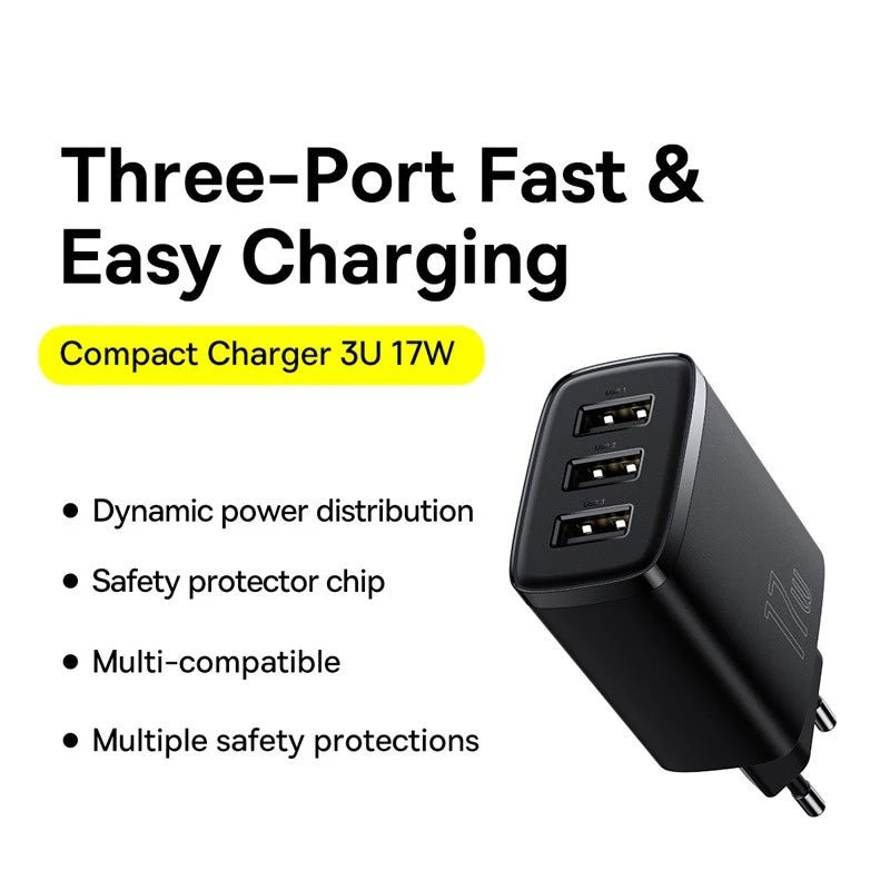 Baseus 17W 3USB Compact Travel Charger - Revel Smart