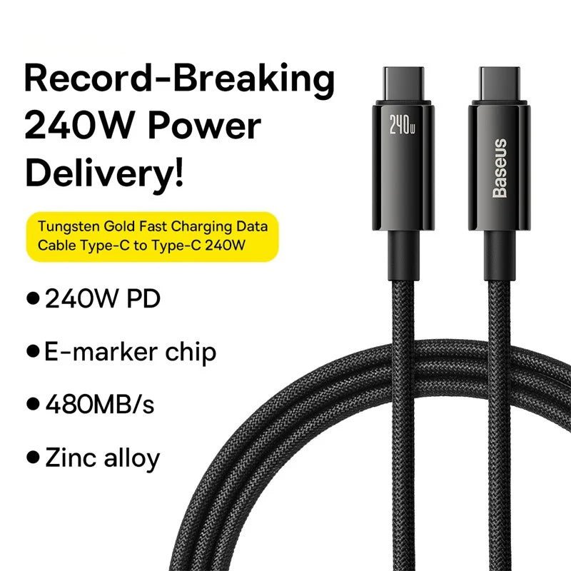 Baseus 240W USB - C to USB - C Fast Charging Cable – E - Marker Chip, PD 3.1, Zinc Alloy, Nylon BraidedUSB - C to USB - C Charging & Data Cable, 2m - Revel Smart