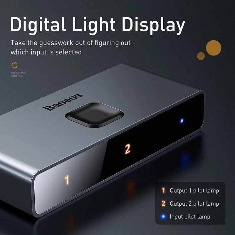 Baseus 4K HDMI Switch Splitter – 1x2 or 2x1 Bi - Directional HDMI Selector with Audio Sync and Digital Display - Revel Smart