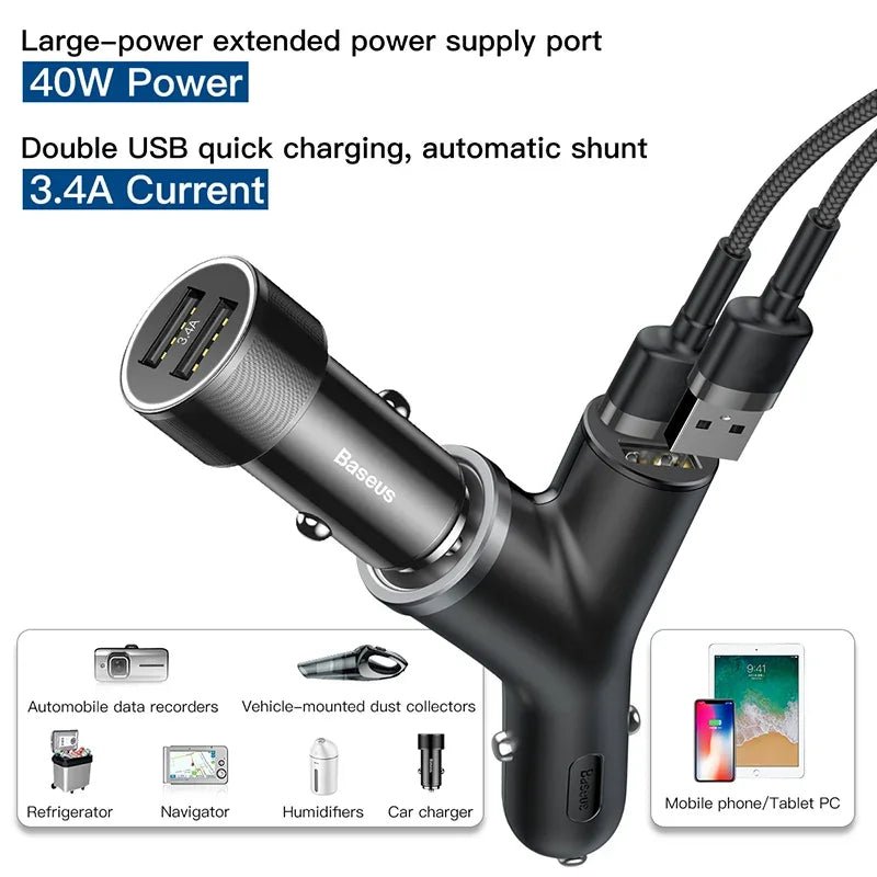 Baseus Y - Type 3 - in - 1 40W Car Charger with Dual USB Ports and Extended Power SocketSmart Car Charger - Revel Smart