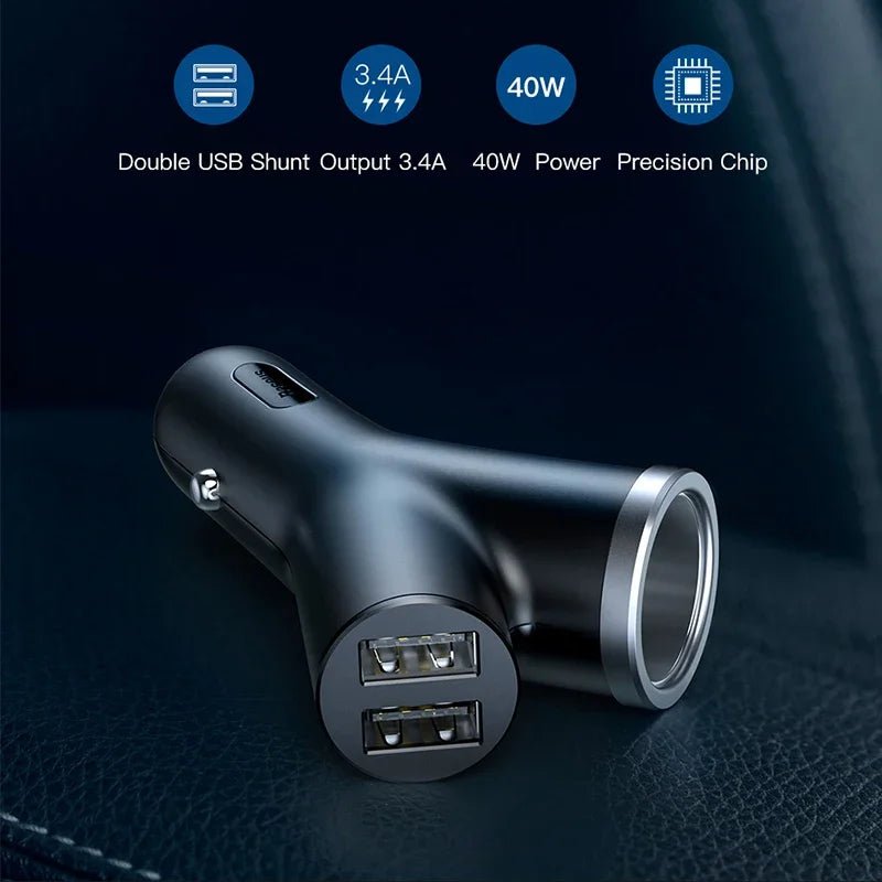 Baseus Y - Type 3 - in - 1 40W Car Charger with Dual USB Ports and Extended Power SocketSmart Car Charger - Revel Smart