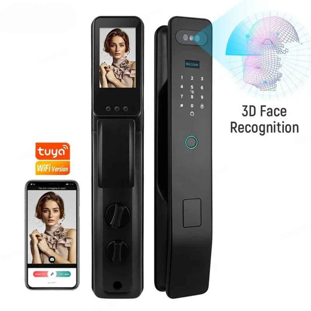 Tuya face recognition smart door lock with built-in camera and indoor visible screen for front door security
