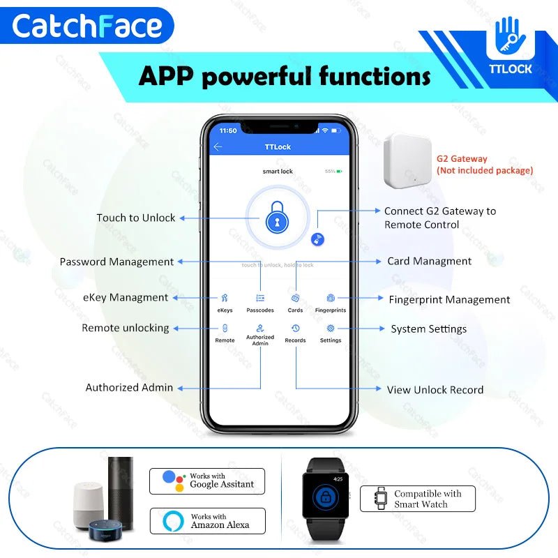 Catchface Smart Fingerprint Deadbolt Lock TTLock with Keypad & RFID, Black - Revel Smart