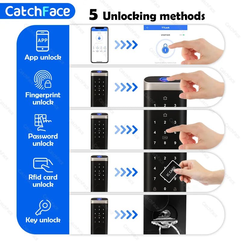 Catchface Smart Fingerprint Deadbolt Lock TTLock with Keypad & RFID, Nickel - Revel Smart