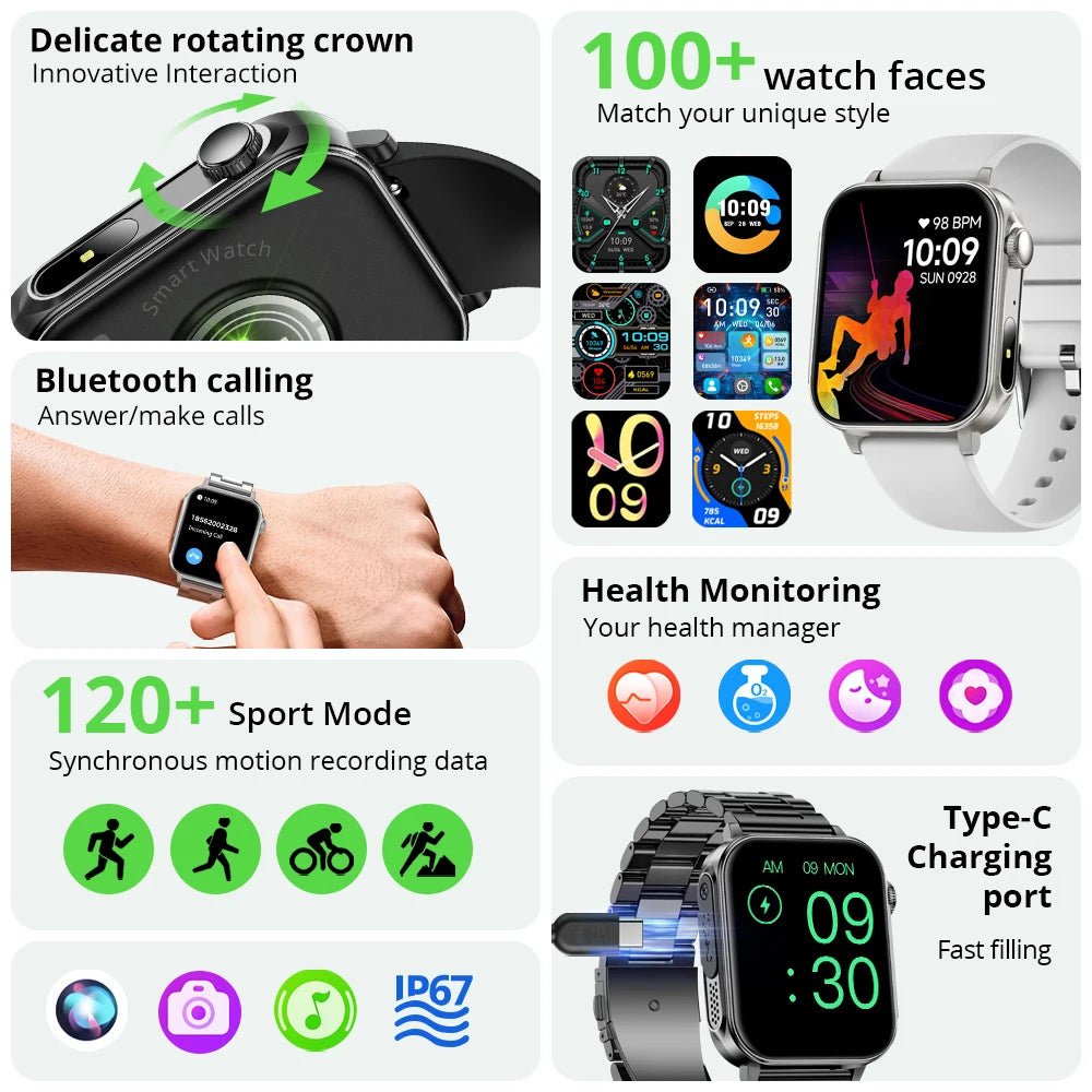 COLMI P80 Type - C Smartwatch with Bluetooth Calls & Flashlight, Black steel strap - Revel Smart