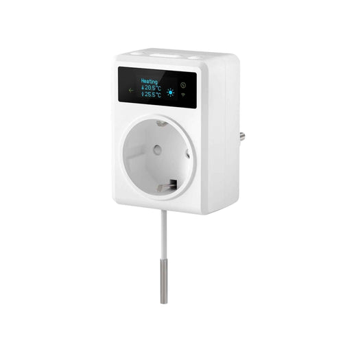 AVATTO Tuya WiFi thermostat socket 16A with OLED screen and 3m NTC temperature sensor for heating and cooling control
