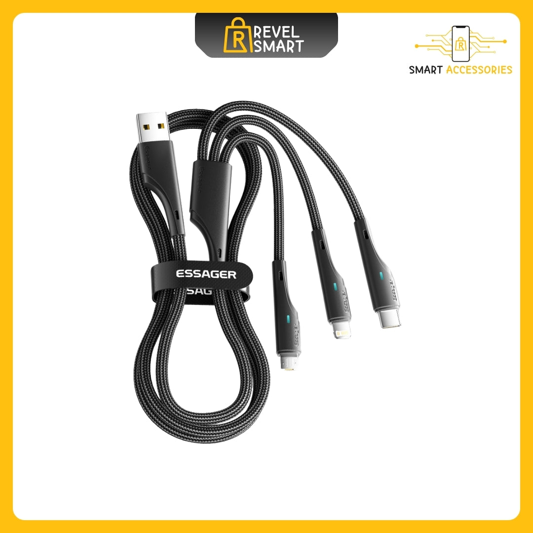 Charge Cable 3 in 1 USB A To Type C Lightning Micro, From Essager, Color Black