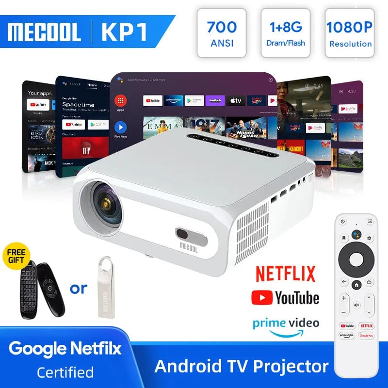 MECOOL UK Plug Projector from MECOOL, Version KP1, has a RAM of 1GB and a storage capacity of 8GB. It supports connection with Bluetooth and Wi-Fi in white color