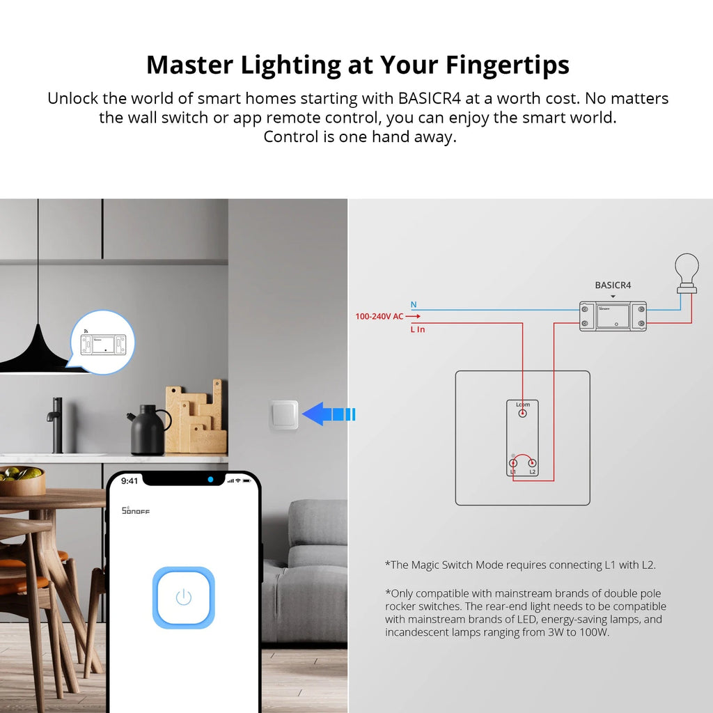 SONOFF BASICR4 WiFi Smart Switch – Universal DIY Relay Module with Remote & Voice Control - Revel Smart
