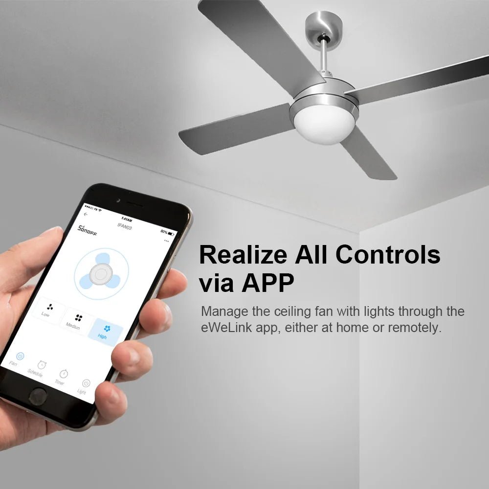 SONOFF iFan04 - H - 220 - 240V WiFi Smart Ceiling Fan & Light Controller – 433MHz RF & Voice Control - Revel Smart