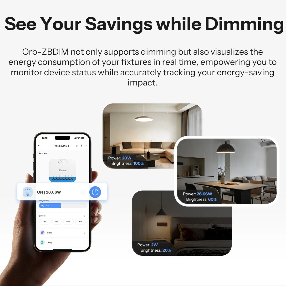 SONOFF Orb-ZBDIM MINI-ZBDIM-E Zigbee Dimmer Wall Switch – Flicker-Free, Power Monitor, Zigbee Router (220-240V, Hub Required) - Revel Smart