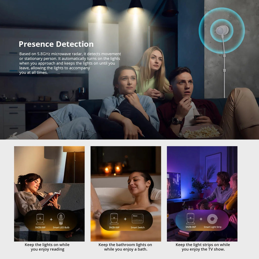SONOFF SNZB - 06P Zigbee Human Presence Sensor – 5.8GHz Radar Motion & Light Detection - Revel Smart