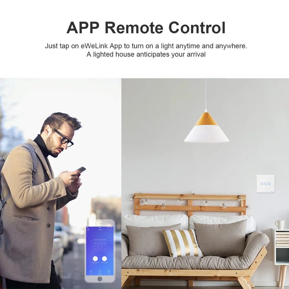 Sonoff T1 UK Plug 86 Type Smart Wall Touch Light Switch Toughened Touch Glass Panel Support WiFi/RF/APP/Touch Control - Revel Smart