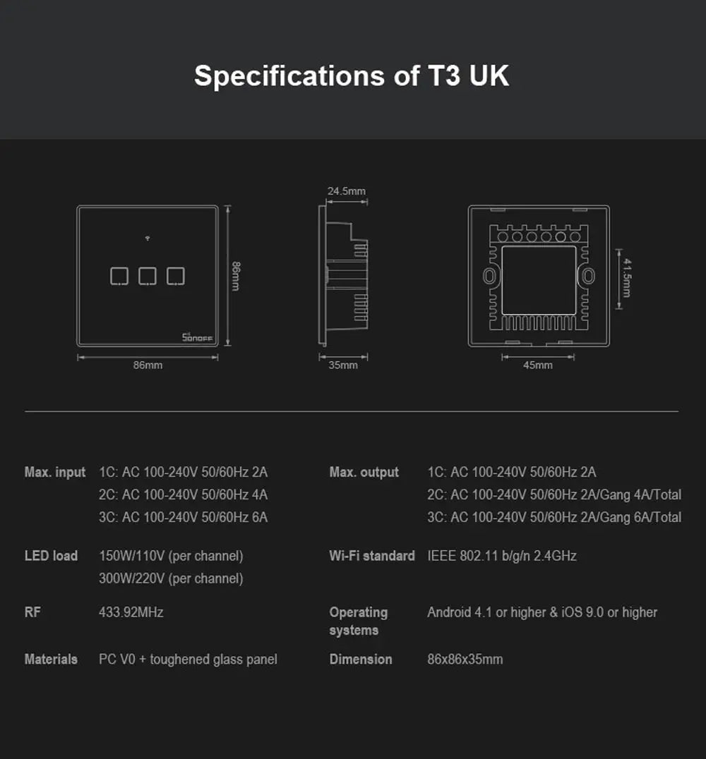 SONOFF T3UK TX Smart WiFi Wall Touch Switch Black - Revel Smart
