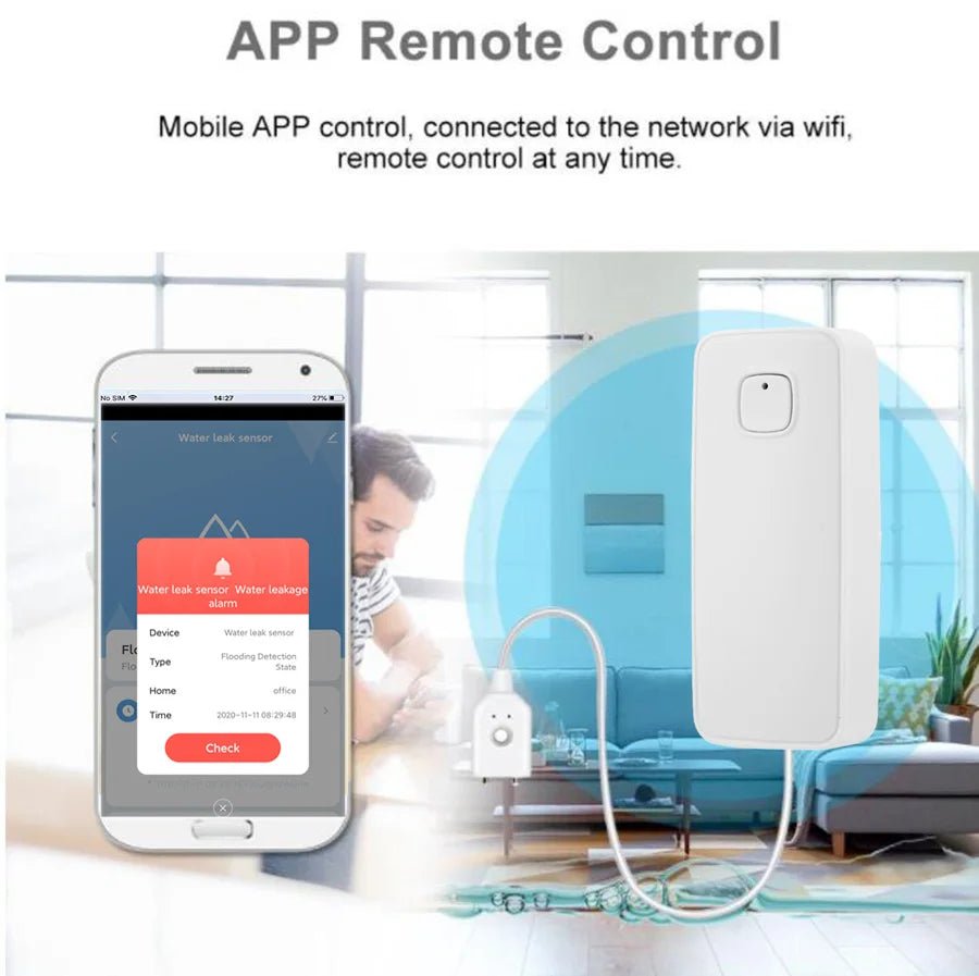 Wofea Tuya WiFi Water Leak Sensor – 80dB Alarm with Smart Life App & Water Level Monitor (No Hub Required) 1m length cable - Revel Smart